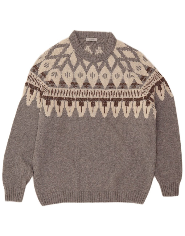 Maestrami Mens Crew Neck Jumper Sweater IT 54 XL Grey Fair Isle Wool