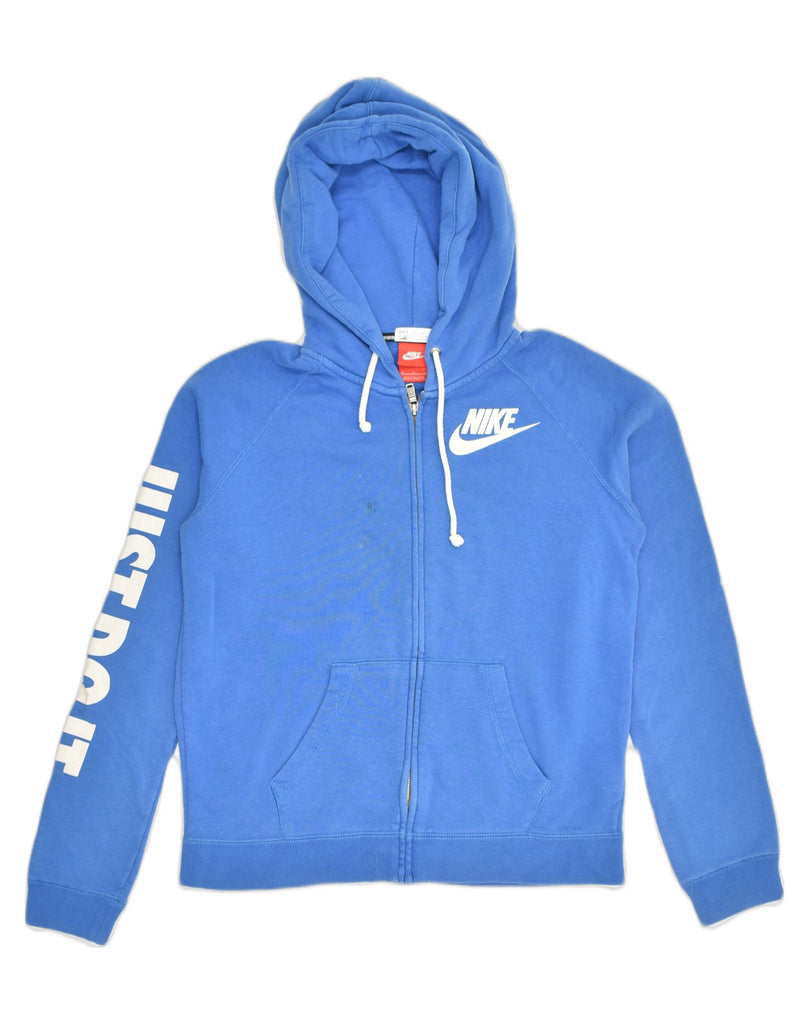 NIKE Womens Graphic Zip Hoodie Sweater UK 14 Medium Blue Cotton | Vintage Nike | Thrift | Second-Hand Nike | Used Clothing | Messina Hembry 