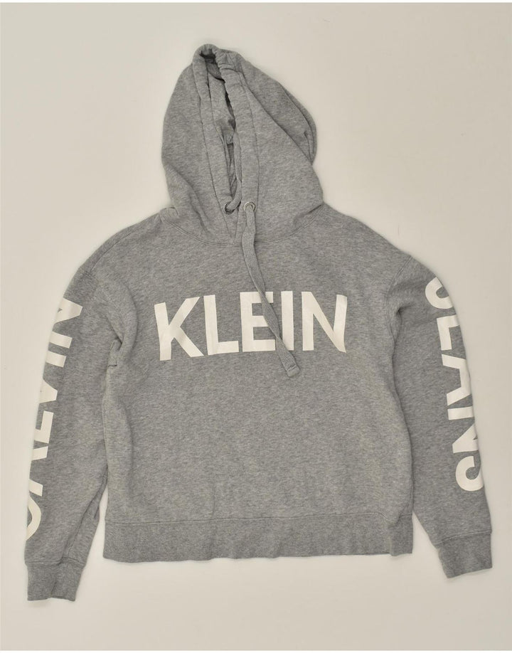 CALVIN KLEIN Womens Graphic Hoodie Jumper UK 10 Small Grey Cotton | Vintage Calvin Klein | Thrift | Second-Hand Calvin Klein | Used Clothing | Messina Hembry 
