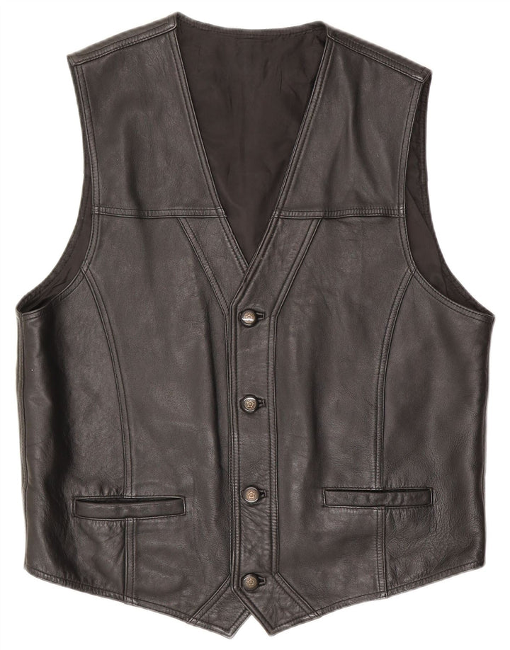 Vintage Mens Leather Waistcoat Large Black Leather