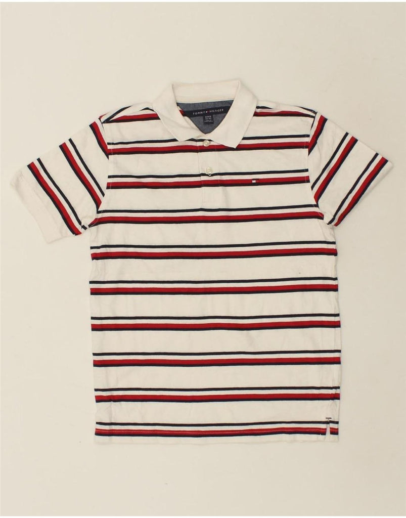 TOMMY HILFIGER Boys Polo Shirt 12-13 Years Medium  White Striped Cotton | Vintage Tommy Hilfiger | Thrift | Second-Hand Tommy Hilfiger | Used Clothing | Messina Hembry 