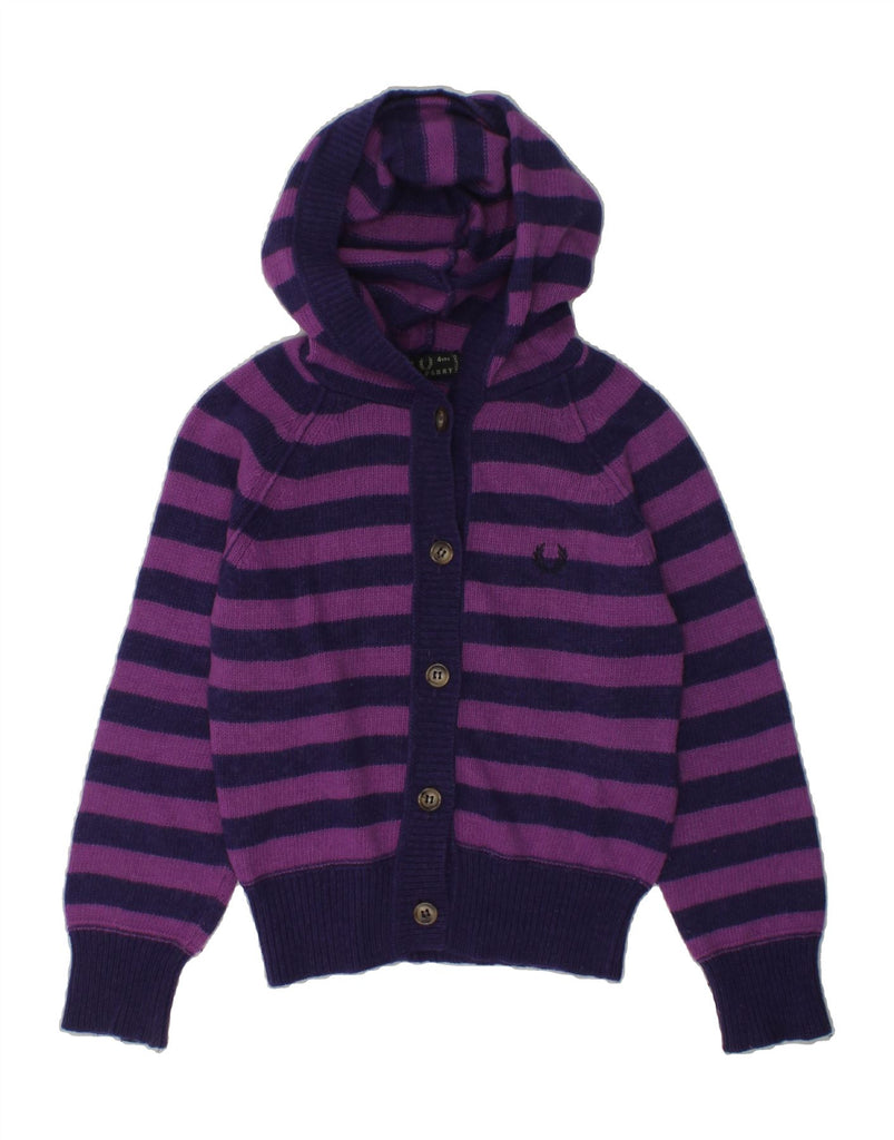 FRED PERRY Girls Hooded Cardigan Sweater 3-4 Years Purple Striped | Vintage Fred Perry | Thrift | Second-Hand Fred Perry | Used Clothing | Messina Hembry 