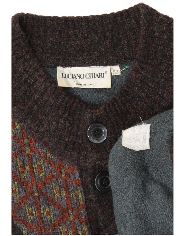 LUCIANO CHIARI Mens Cardigan Sweater IT 52 Large Brown Patchwork Wool
