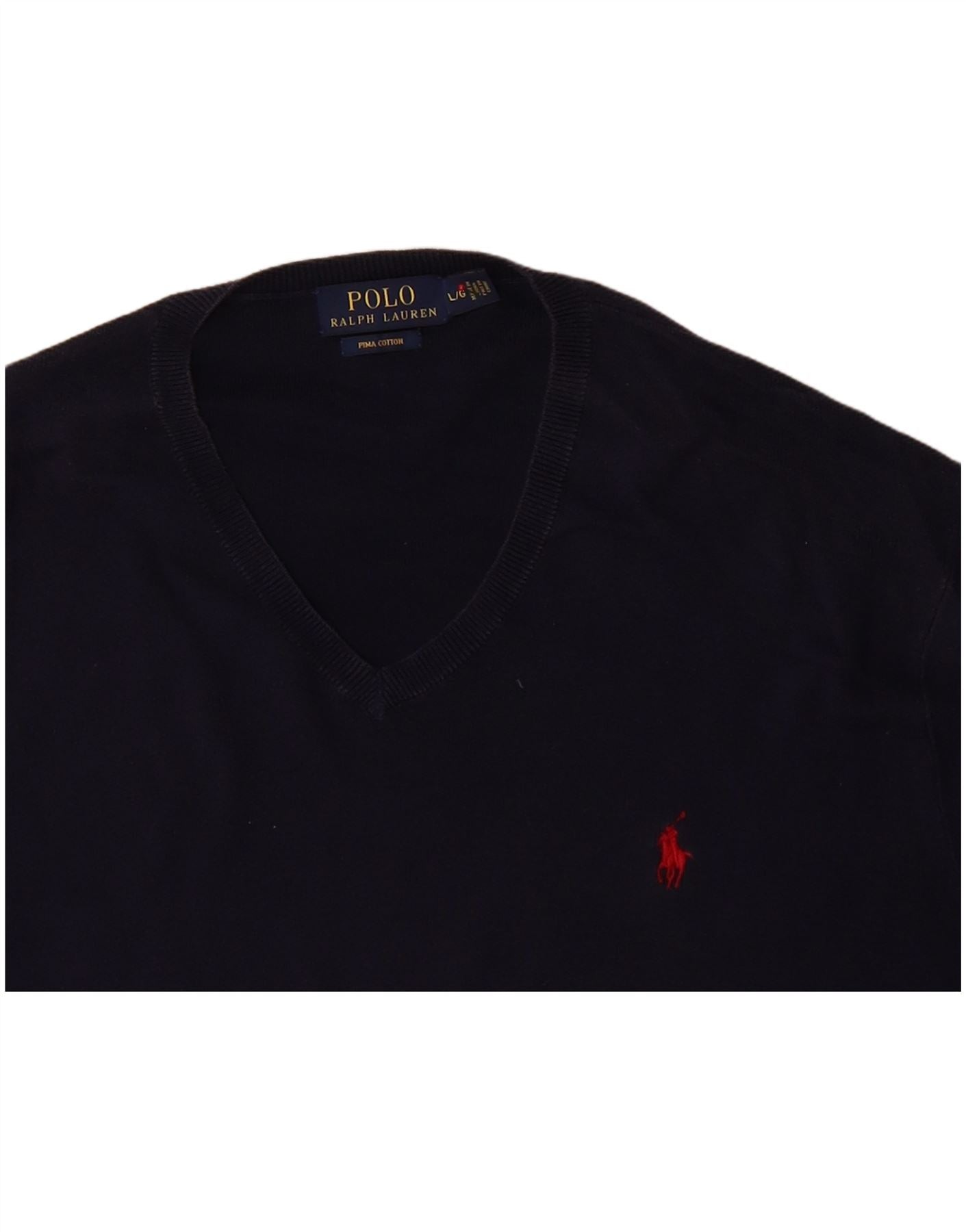 POLO RALPH LAUREN Mens V-Neck Jumper Sweater Large Navy Blue