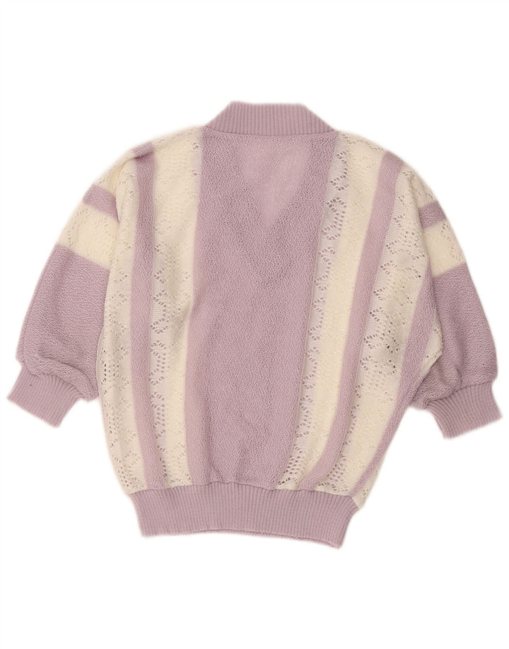 Vintage Womens Crop V-Neck Jumper Sweater UK 10 Small Purple Striped