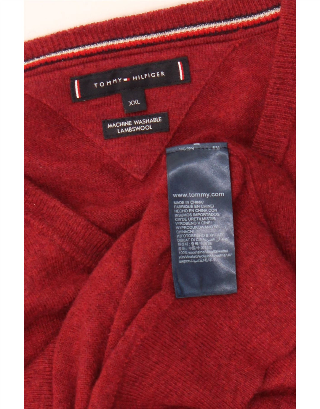 TOMMY HILFIGER Mens V-Neck Jumper Sweater 2XL Red Wool