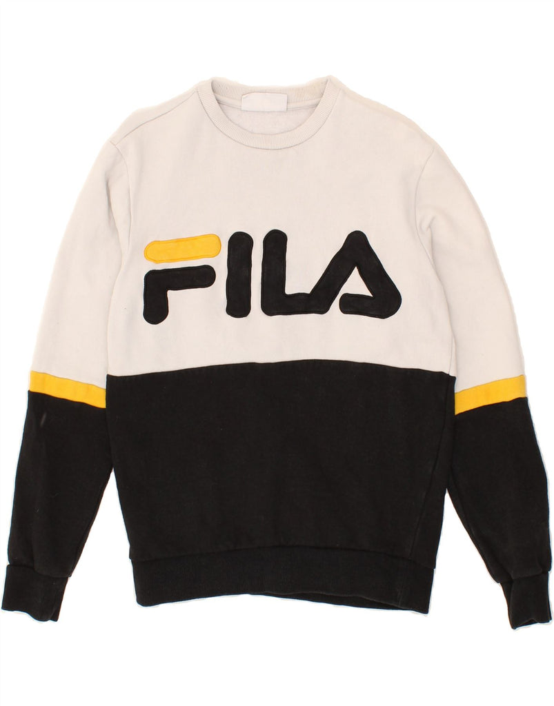 FILA Mens Graphic Sweatshirt Jumper Small White Colourblock Cotton | Vintage Fila | Thrift | Second-Hand Fila | Used Clothing | Messina Hembry 