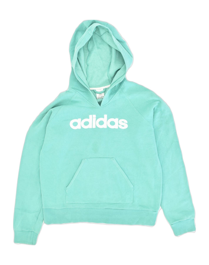 ADIDAS Womens Crop Graphic Hoodie Jumper UK 14 Large Turquoise Cotton | Vintage Adidas | Thrift | Second-Hand Adidas | Used Clothing | Messina Hembry 