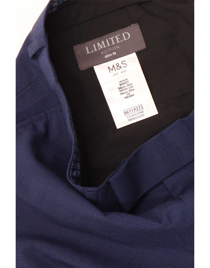 Marks & Spencer Mens Slim Fit Suit Trousers W34 L33 Blue Houndstooth