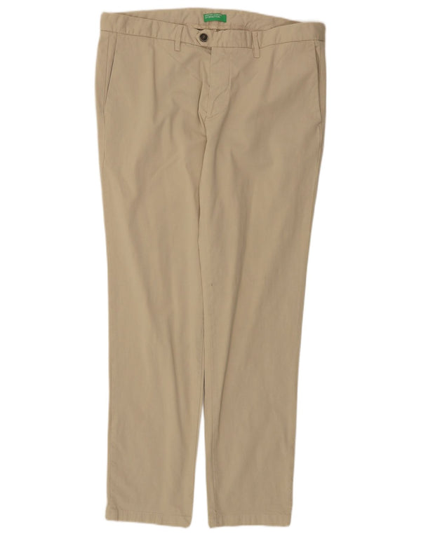 Benetton Mens Slim Fit Chino Trousers IT 52 XL W36 L30 Beige Cotton