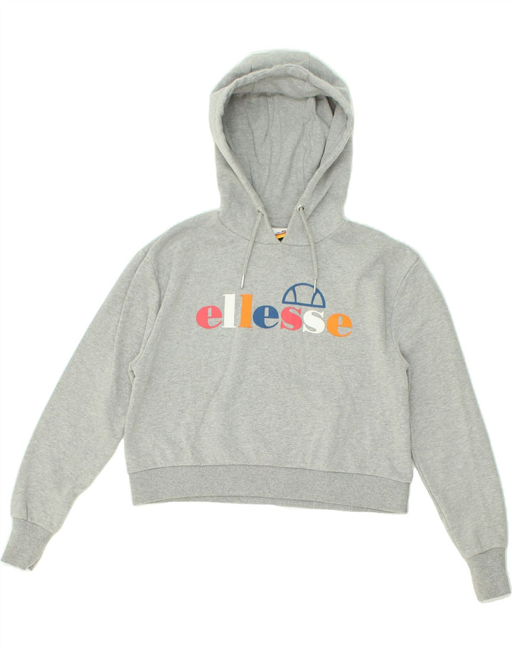 ELLESSE Womens Graphic Crop Hoodie Jumper UK 6 XS Grey Cotton | Vintage Ellesse | Thrift | Second-Hand Ellesse | Used Clothing | Messina Hembry 