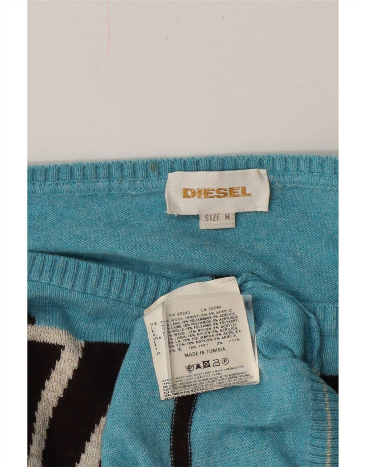 Diesel Womens Boat Neck Jumper Sweater UK 14 Medium Blue Geometric Wool