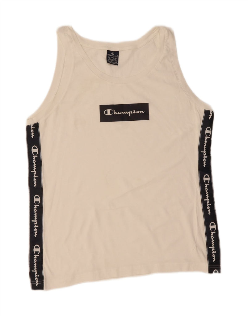 CHAMPION Mens Graphic Vest Top 2XL White Colourblock Vintage Champion and Second-Hand Champion from Messina Hembry 