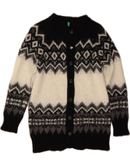 BENETTON Womens Longline Cardigan Sweater UK 14 Medium Black Fair Isle