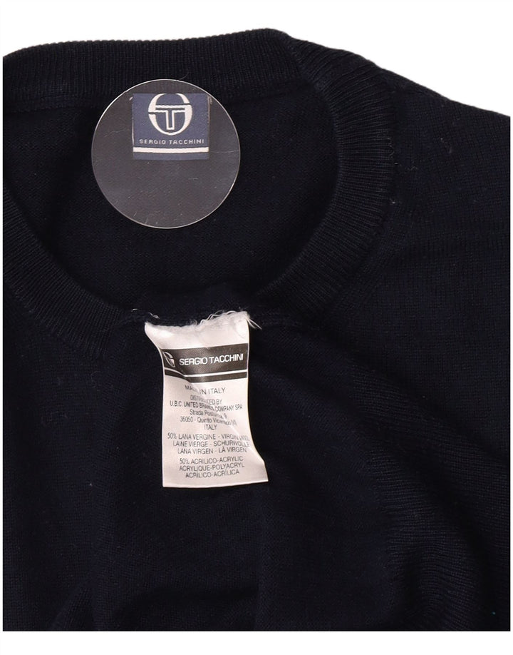 Sergio Tacchini Mens Crew Neck Jumper Sweater Medium Navy Blue Virgin Wool
