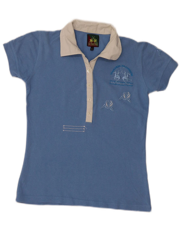 La Martina Womens Graphic Polo Shirt UK 14 Large Blue Colourblock