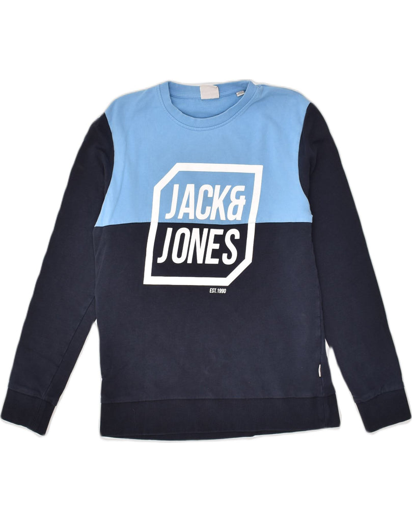 JACK & JONES Mens Graphic Sweatshirt Jumper Medium Blue Colourblock Cotton | Vintage Jack & Jones | Thrift | Second-Hand Jack & Jones | Used Clothing | Messina Hembry 