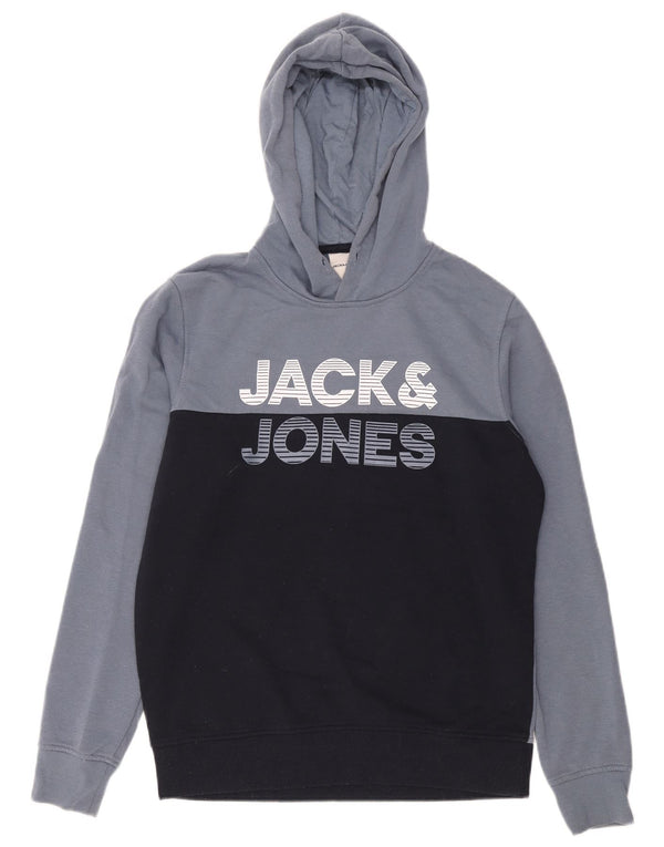 Jack & Jones Mens Graphic Hoodie Jumper Medium Blue Colourblock Cotton