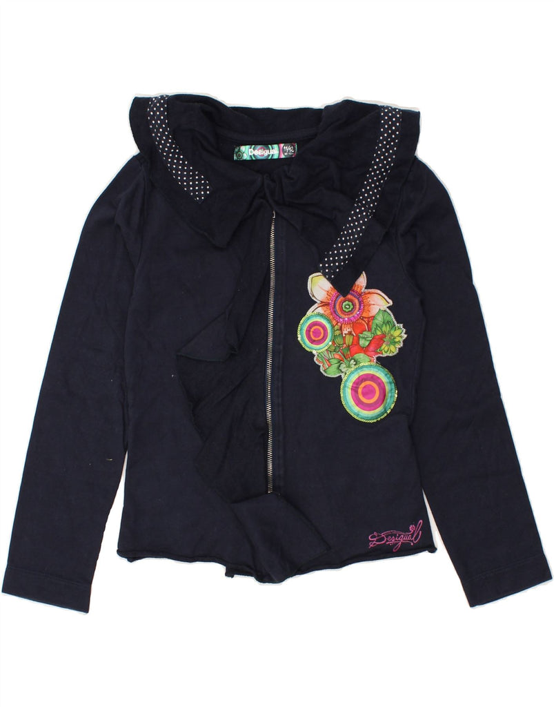 DESIGUAL Girls Cardigan Sweater 11-12 Years Navy Blue Floral Cotton | Vintage Desigual | Thrift | Second-Hand Desigual | Used Clothing | Messina Hembry 