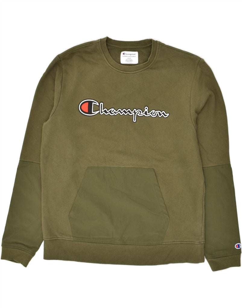 CHAMPION Mens Graphic Sweatshirt Jumper Large Khaki Cotton | Vintage Champion | Thrift | Second-Hand Champion | Used Clothing | Messina Hembry 