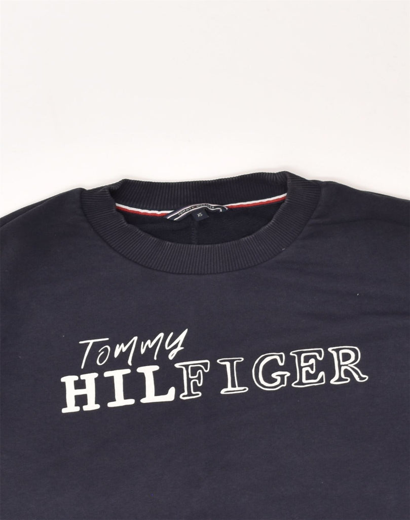 TOMMY HILFIGER Womens Oversized Graphic Sweatshirt Jumper UK 6 XS Blue | Vintage Tommy Hilfiger | Thrift | Second-Hand Tommy Hilfiger | Used Clothing | Messina Hembry 