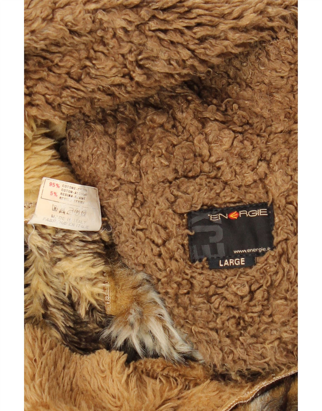 ENERGIE Mens Sherpa Jacket UK 40 Large Brown Patchwork Cotton