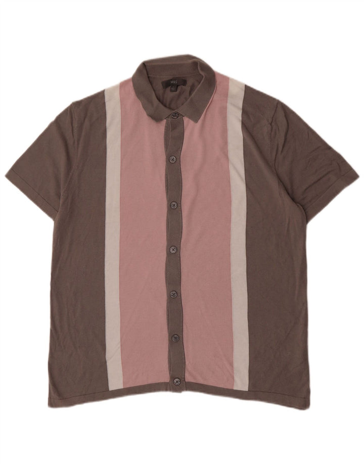 Marks & Spencer Mens Short Sleeve Shirt Large Pink Colourblock Cotton