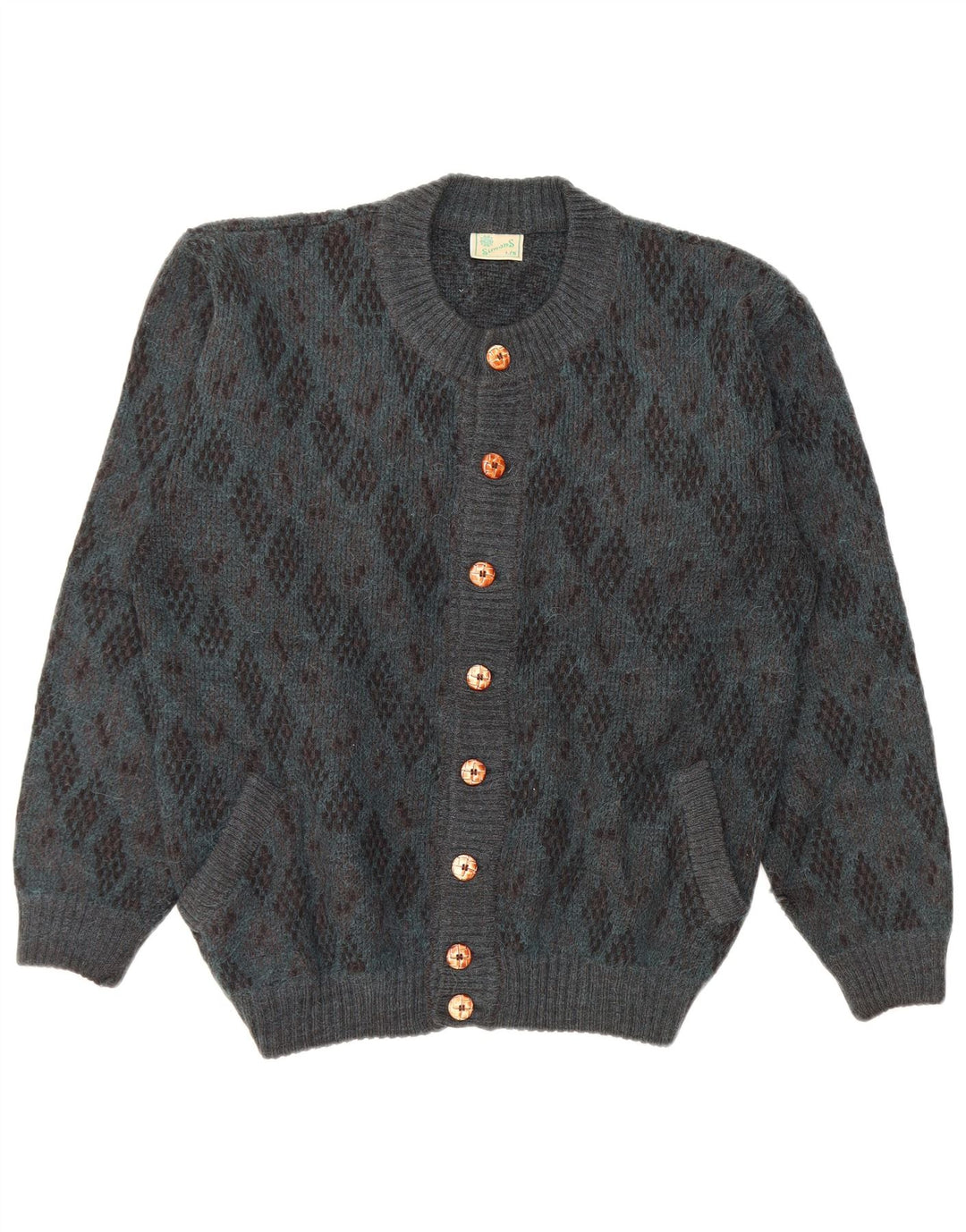 Vintage Mens Cardigan Sweater Large Blue Argyle/Diamond Alpaca Wool
