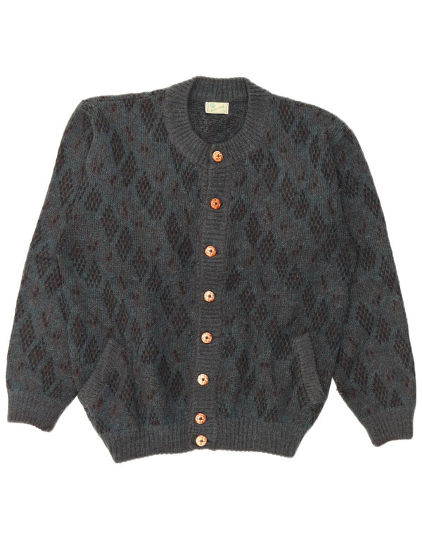 Vintage Mens Cardigan Sweater Large Blue Argyle/Diamond Alpaca Wool