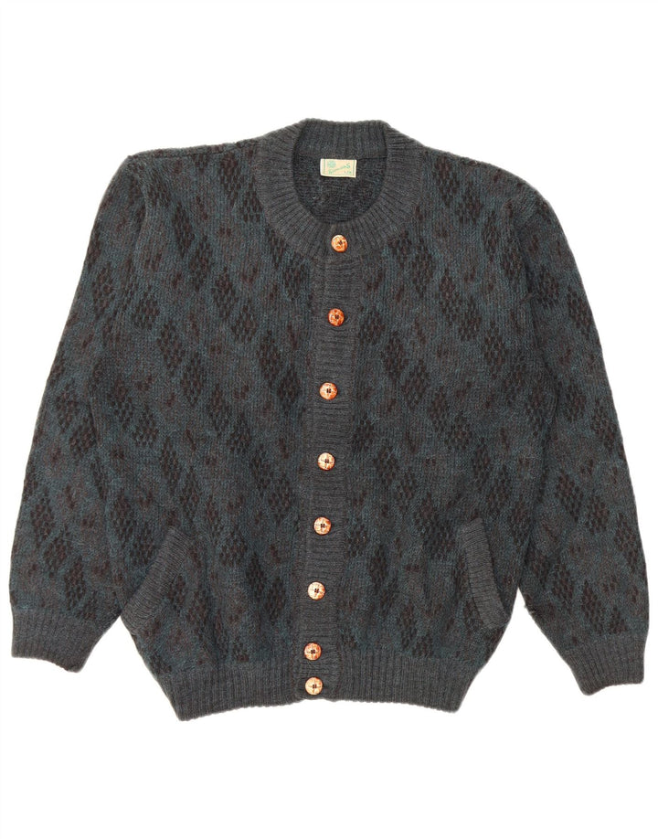 Vintage Mens Cardigan Sweater Large Blue Argyle/Diamond Alpaca Wool