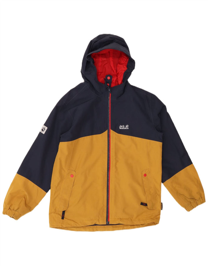 JACK WOLFSKIN Boys Hooded Rain Jacket 12-13 Years Navy Blue Colourblock