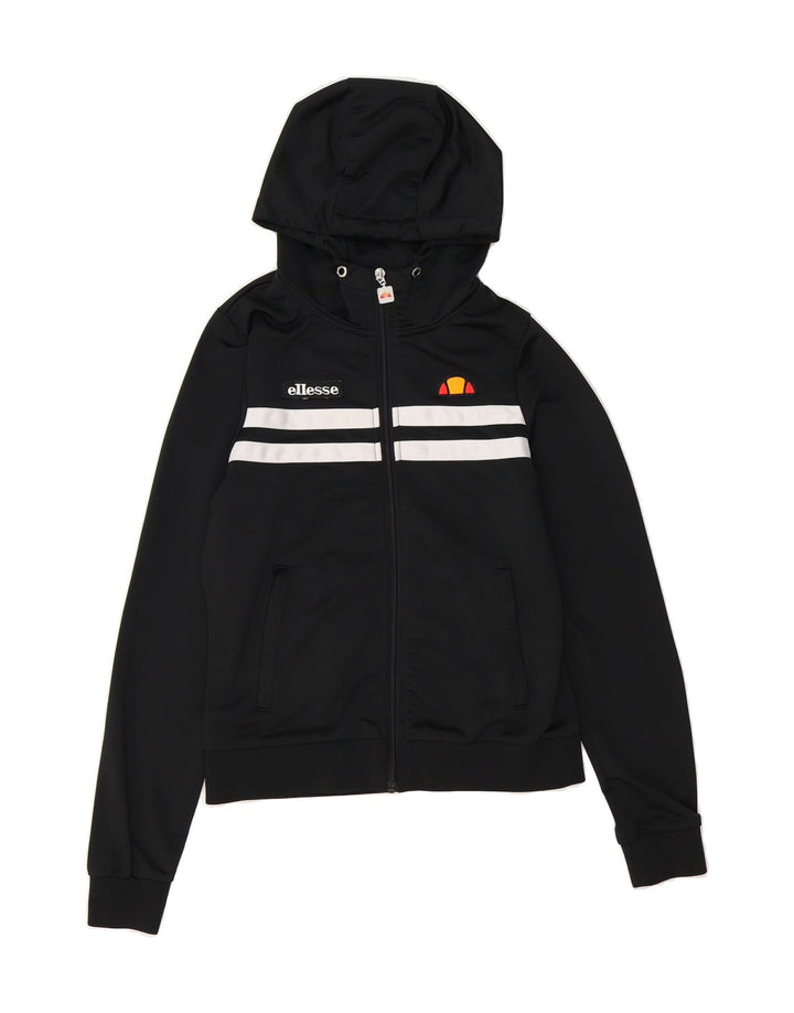 ELLESSE Womens Zip Hoodie Sweater UK 8 Small Black Striped Polyester Vintage Ellesse and Second-Hand Ellesse from Messina Hembry 