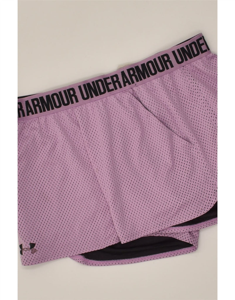 UNDER ARMOUR Womens Graphic Sport Shorts UK 12 Medium Purple Spotted | Vintage Under Armour | Thrift | Second-Hand Under Armour | Used Clothing | Messina Hembry 