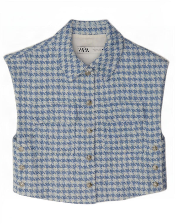 Zara Womens Crop Waistcoat UK 10 Small Blue Houndstooth
