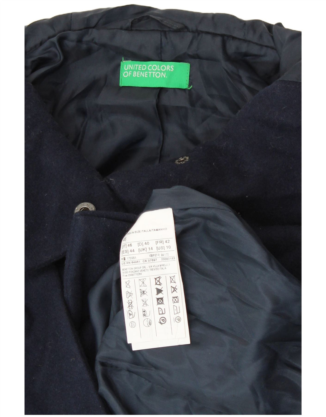BENETTON Womens Hooded Duffle Coat UK 14 Large Navy Blue Wool