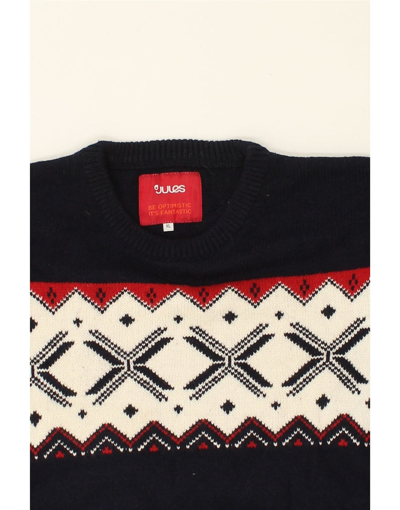 JULES Mens Crew Neck Jumper Sweater XL Navy Blue Fair Isle Cotton | Vintage Jules | Thrift | Second-Hand Jules | Used Clothing | Messina Hembry 