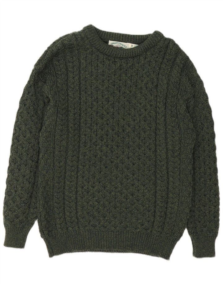 Aran Crafts Mens Boat Neck Jumper Sweater Medium Green Merino Wool