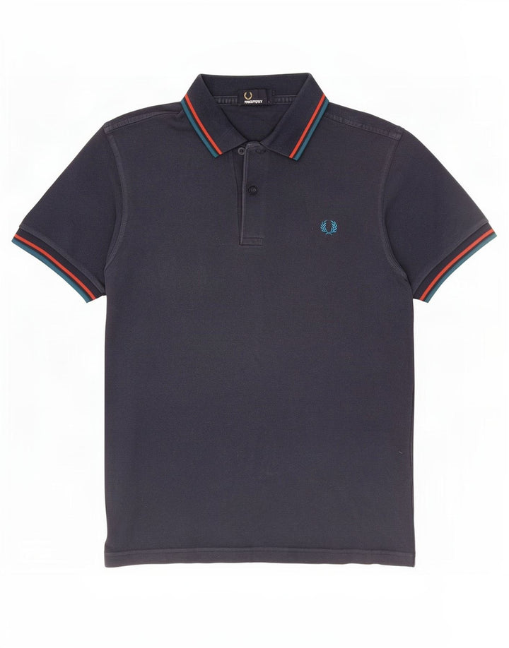 Fred Perry Mens Polo Shirt Small Navy Blue Striped Cotton