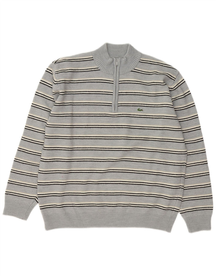 Lacoste Mens Zip Neck Jumper Sweater Size 5 Large Blue Striped Wool