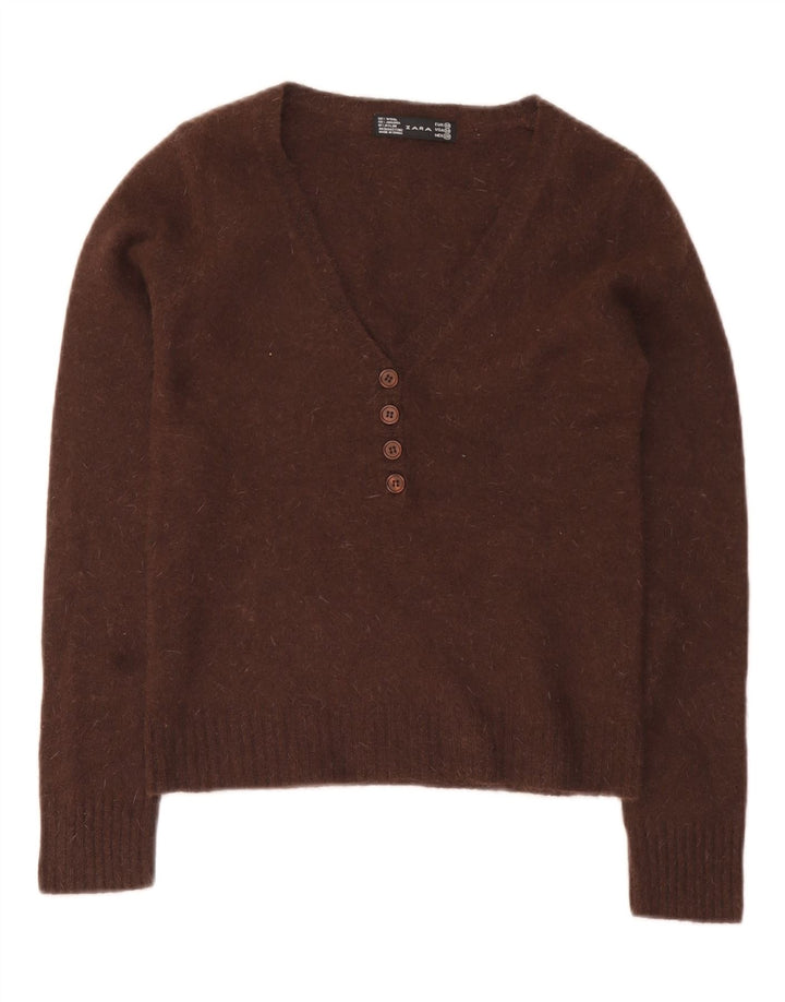 Zara Womens Crop V-Neck Jumper Sweater UK 12 Medium Brown Wool
