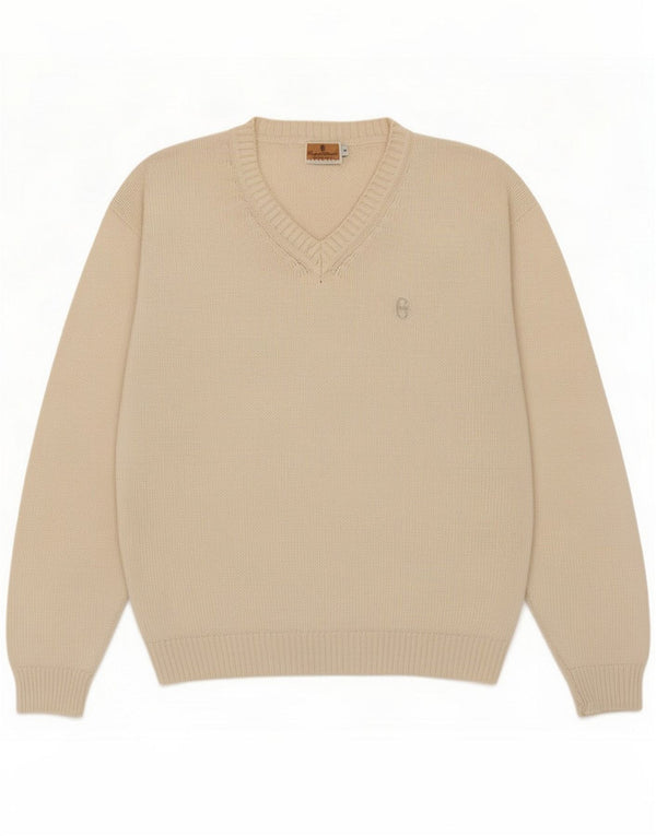 Conte of Florence Mens V-Neck Jumper Sweater Medium Beige Cotton