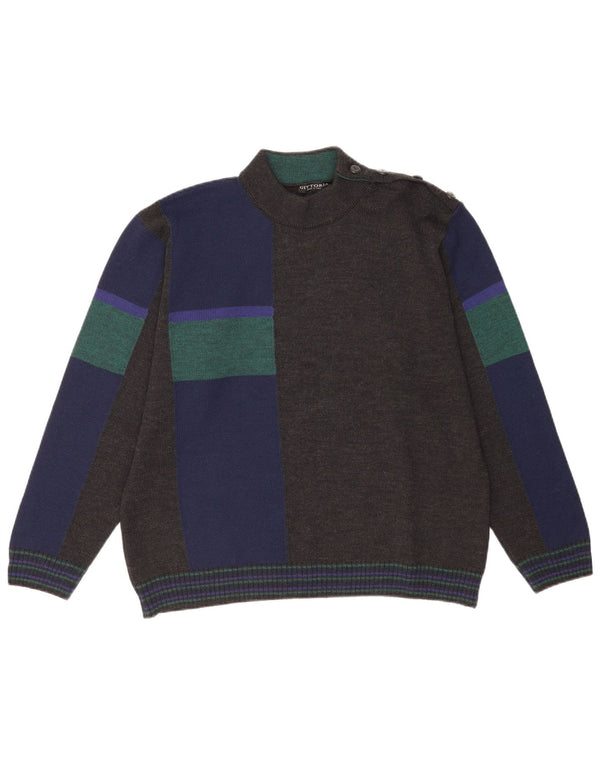 Vintage Mens Turtle Neck Jumper Sweater IT 52 Large Grey Colourblock Wool
