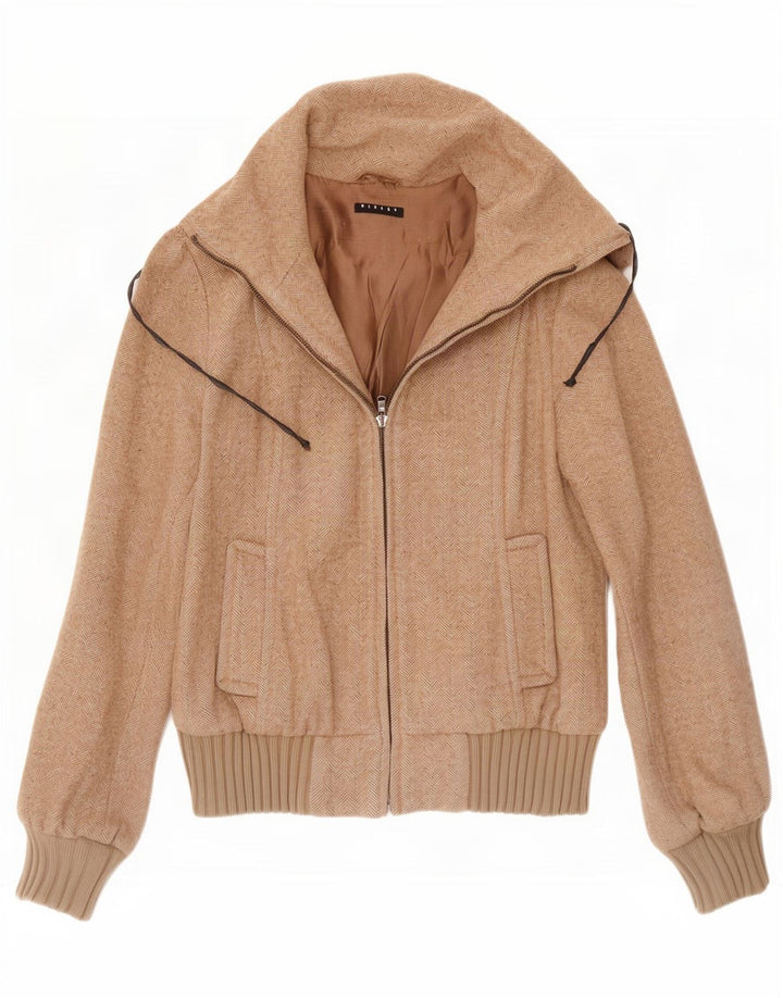 Sisley Womens Bomber Jacket IT 42 Medium Beige Herringbone Wool