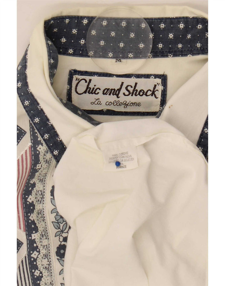 Vintage Womens Oversized Shirt Blouse UK 14 Medium White Geometric Cotton