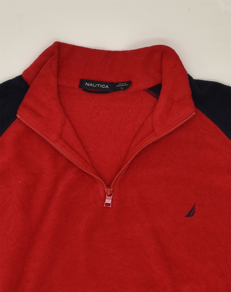 NAUTICA Mens Zip Neck Fleece Jumper Large Red Colourblock Polyester | Vintage Nautica | Thrift | Second-Hand Nautica | Used Clothing | Messina Hembry 