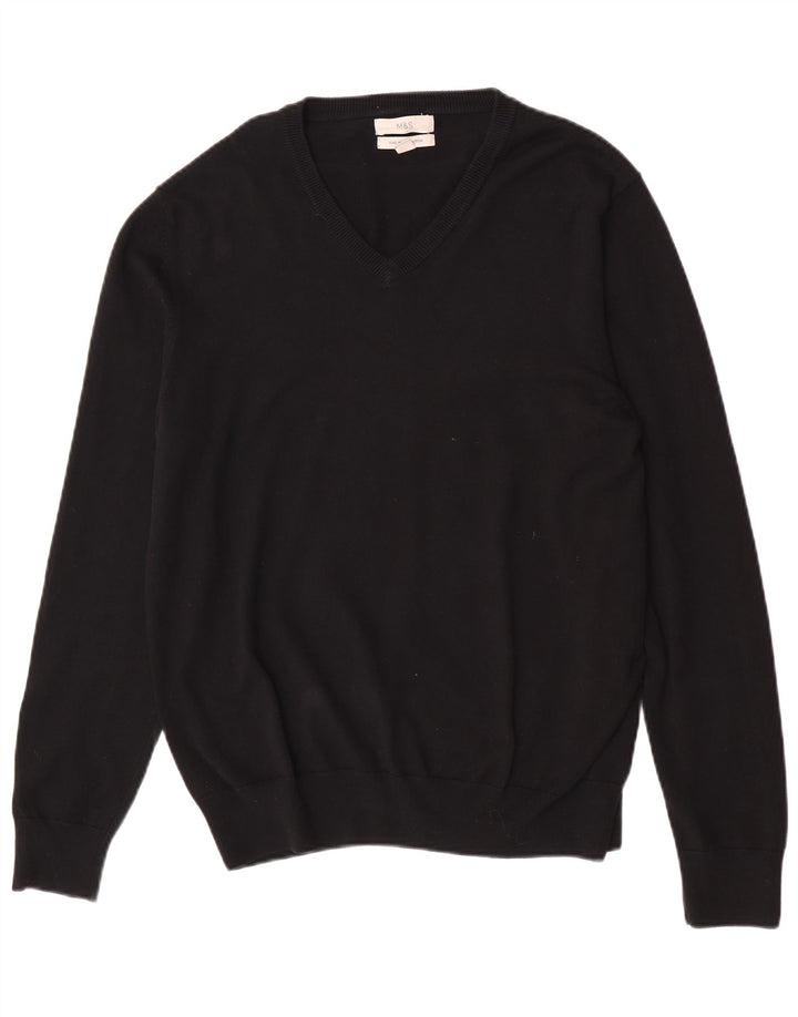 Marks & Spencer Mens V-Neck Jumper Sweater Large Black Cotton