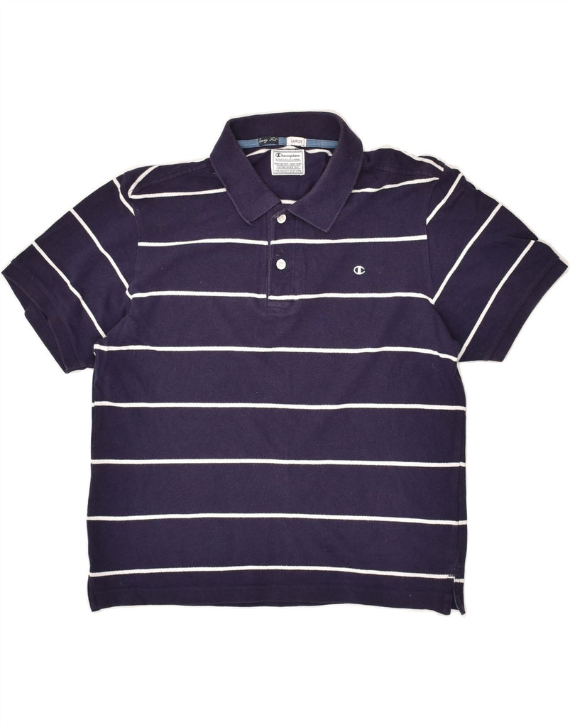 CHAMPION Mens Easy Fit Polo Shirt Large Navy Blue Striped | Vintage Champion | Thrift | Second-Hand Champion | Used Clothing | Messina Hembry 