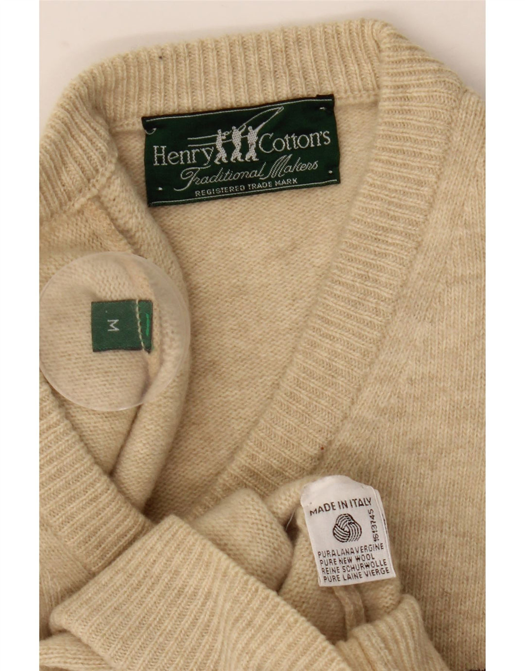 Henry Cottons Mens V-Neck Jumper Sweater Medium Beige Wool