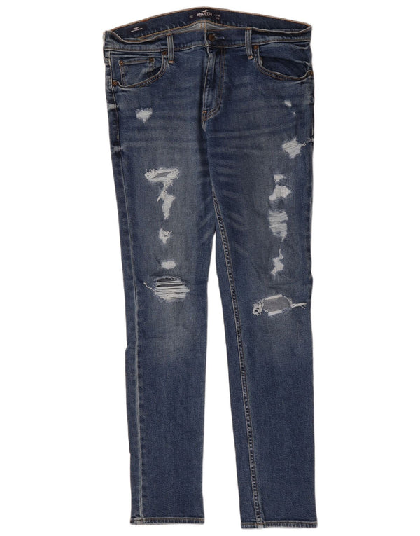 Hollister Mens Distressed Skinny Jeans W34 L32 Blue Cotton