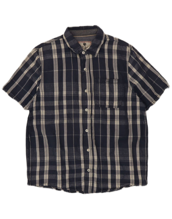 Fat Face Mens Short Sleeve Shirt Large Navy Blue Plaid Cotton
